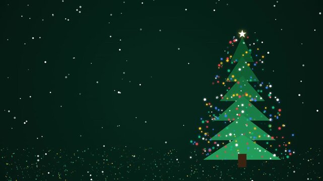 An animated Christmas tree adorned with sparkling colorful lights and stars, surrounded by falling snowflakes and a glowing particle floor, created with HTML5 canvas and JavaScript.