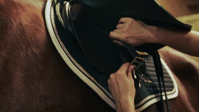 Closeup of rider positioning black leather saddle on horse back in stable. Equestrian equipment, riding instruction concept.