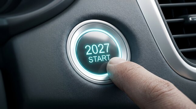 A human finger presses a glowing car start button with '2027 START' illuminated, symbolizing a new beginning or future year.