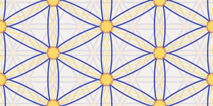 Geometric Seamless Pattern with Blue Hexagonal Grid and Yellow Wavy Rays
