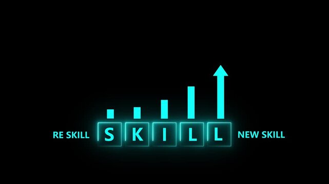 skills icon on glowing neon graph concept. Up skilling and personal development concept. Skill training, education, learning, ability. Up skill, re skill,.4k motion video animation..