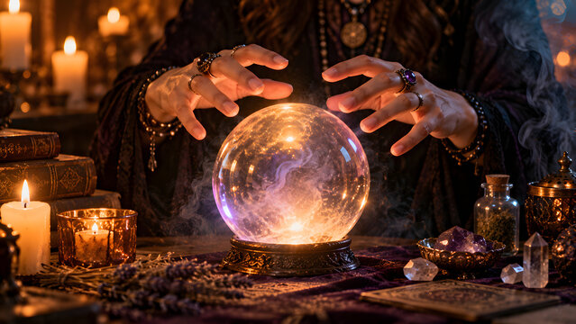 Fortune teller gazing into a glowing crystal ball surrounded by candles, tarot cards, and magical herbs, Mystic fortune teller with rings hovering hands over a glowing crystal ball on a table