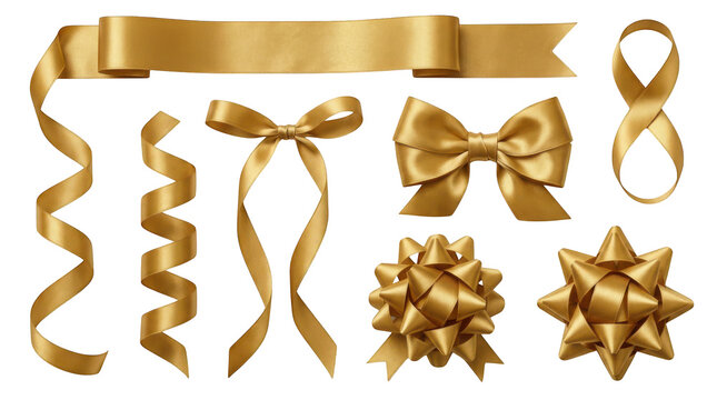 Set of golden ribbons, bows and gift wrap elements isolated on transparent background