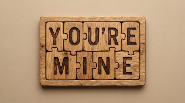 Wooden puzzle pieces forming you are mine text on a neutral background