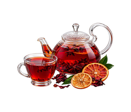 Red hibiscus tea in a glass teapot and cup with dried orange slices on white background