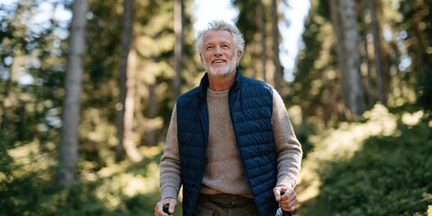 Fototapeta premium Elderly man walking with trekking poles in forest autumn portrait for health banner background and outdoor lifestyle design with morning light