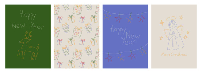 Fototapeta premium Whimsical Christmas doodle cards. Winter party invitations with gifts and festive icons. Hand-drawn holiday illustrations in cute vintage style. Vector banners or posters with xmas doodles.