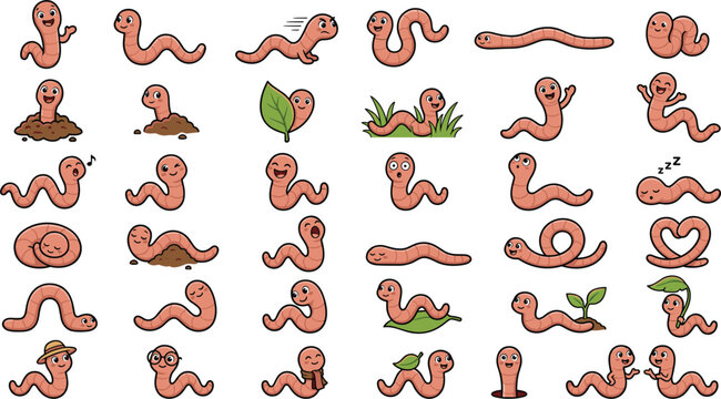 Cute earthworm cartoon character vector illustrations set featuring funny pink worm mascots in various poses and emotions for design