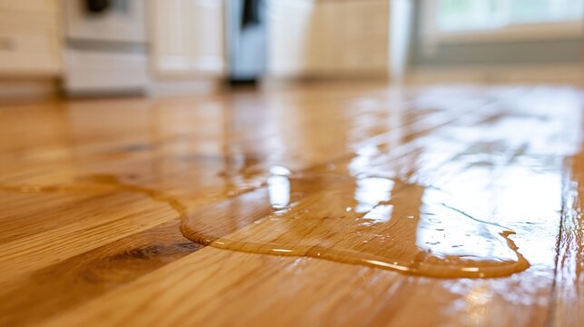The Wet Wooden Floor Reflection in a Bright Kitchen After Spill