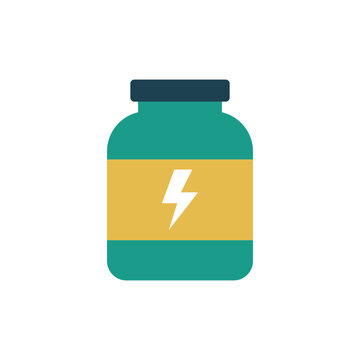 Flat style energy supplement bottle icon with lightning bolt symbol on white background