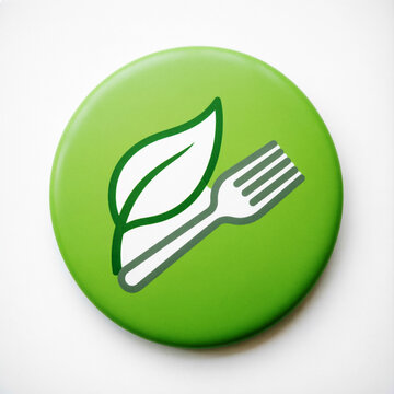 Green round button badge with white leaf and fork icon, vegan, healthy eating and eco friendly food concept on white background