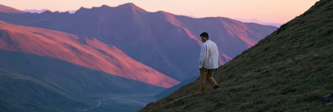 Man descending a steep hillside at sunset background for outdoor banner and dramatic mountain wallpaper