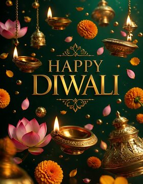 Happy diwali greeting card with golden diya lamps marigold flowers