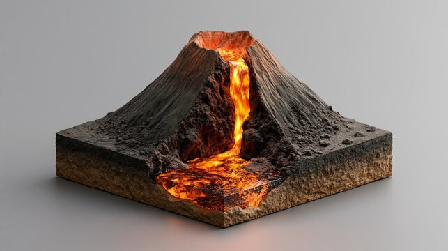 Isometric 3D cutaway model of erupting volcano with glowing lava flow, magma chamber and layered Earth crust cross-section, geology education illustration on neutral gray background