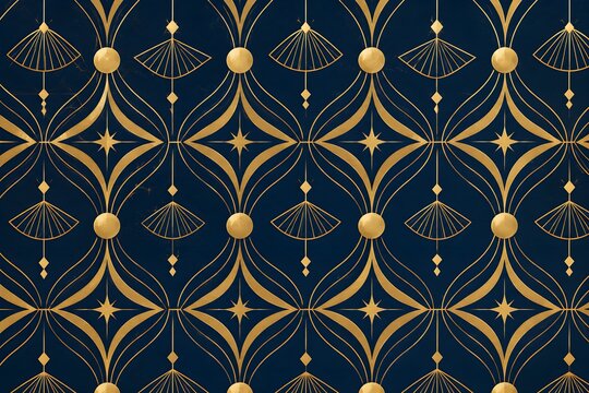 Elegant vintage luxury gold Art Deco pattern on a dark blue background featuring geometric lines, stars, and classic retro motifs.
