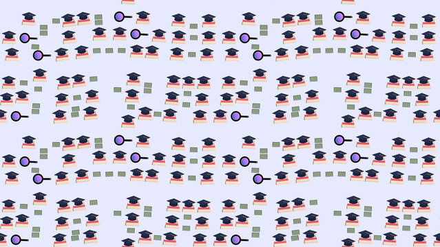 Graduation caps on books with magnifying glasses pattern