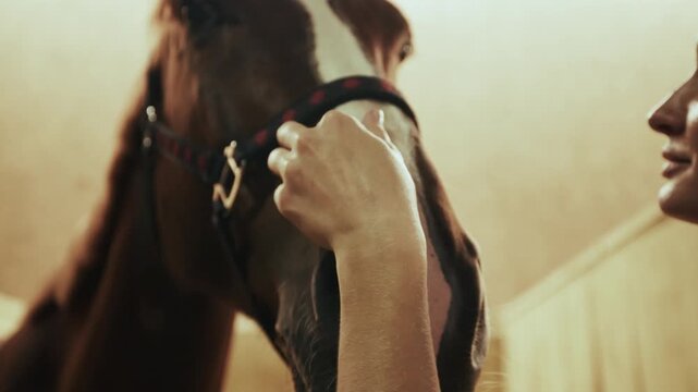 Closeup of young woman gently stroking horse muzzle inside stable. Equine wellbeing, animal care education concept.