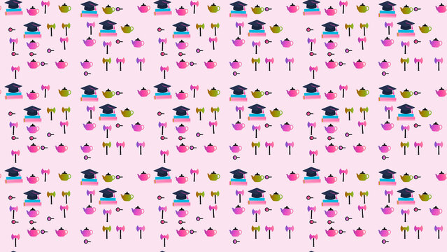 Pattern of graduation caps, teapots, axes, and keys
