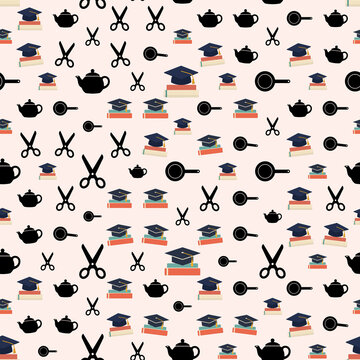 Pattern of graduation caps, teapots, scissors, and magnifying glasses