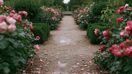 Fototapeta premium The Rose Garden Pathway Amid Pink Blooms and Serene Greenery