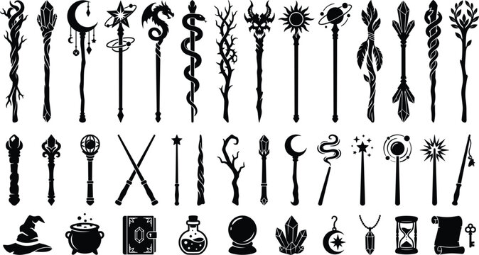 Magic wand and wizard staff vector silhouette collection with crystal ball spell book cauldron moon and witchcraft element icons