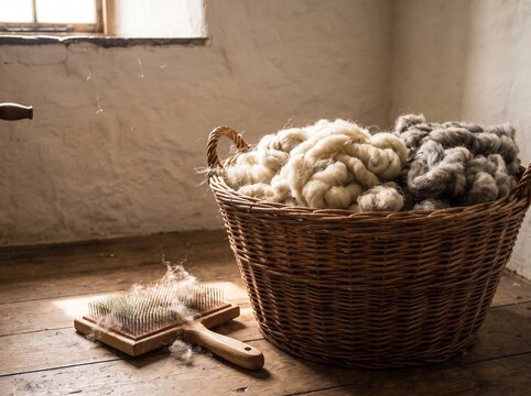 Carded Wool in Woven Basket Beside Wooden Hand Carder With Loose Fibres
