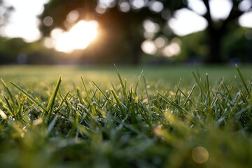 Naklejka premium The Grass at Dawn: Close-Up of Sunlit Blades in a Quiet Field
