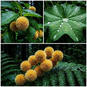Yellow Kadam Flowers Spherical Wild Blooms Collage with Dewy Green Leaves
