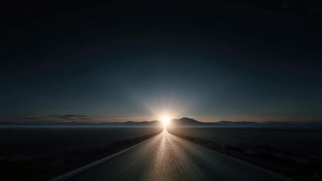 An empty highway stretches towards a blinding sunrise. ..Created with Generative AI, not depicting real subjects.