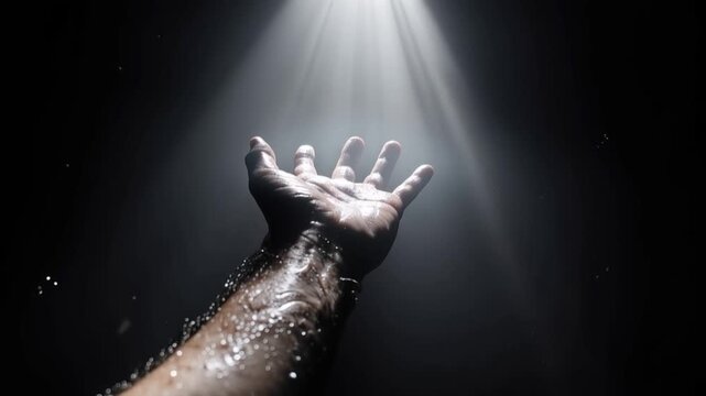 A hand reaching up towards a bright beam of light, with droplets of water sparkling in the air. It evokes a sense of hope, spirituality. ..Created with Generative AI, not depicting real subjects.