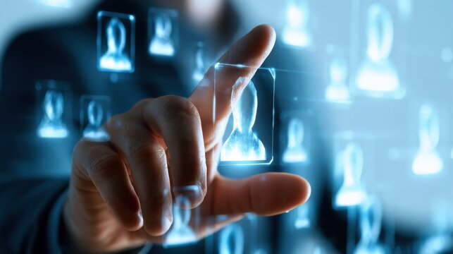 Human finger selecting virtual digital single user icon on futuristic transparent touchscreen interface with blue background