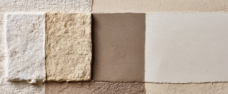 Assorted plaster and stucco texture swatches in neutral color samples for interior design background and material selection palette