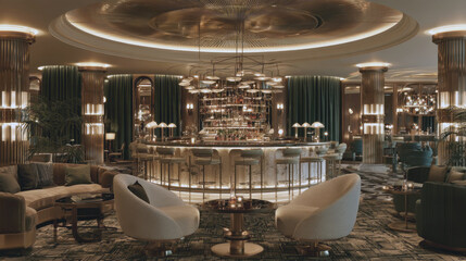 Naklejka premium luxurious hotel bar lounge interior design with illuminated round central bar counter plush velvet armchairs elegant lighting fixtures marble floor columns sophisticated night restaurant atmosphere