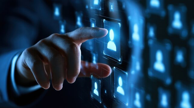 Businessman hand interacting with virtual digital interface selecting glowing human icon in futuristic technology concept
