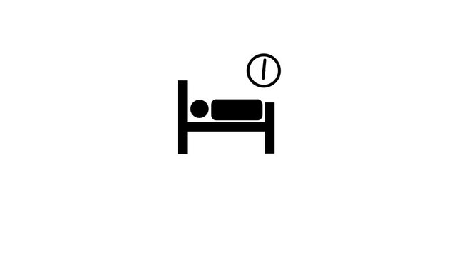 Minimalist sleep icon animation: person resting in bed with clock symbol for time management and healthcare concepts
