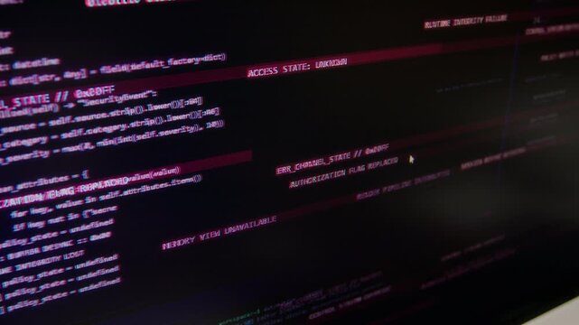 Computer screen displaying code glitching into flashing red system hacked alert during cyber attack. Ideal for cybersecurity campaigns, data breach stories, and technology threat video projects