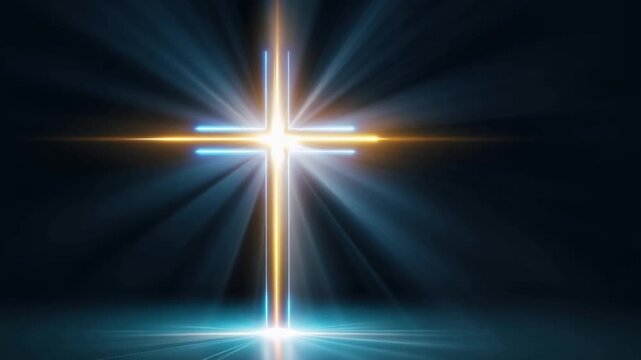 A radiant, glowing Christian cross with golden and blue light rays emanating from its center, set against a dark, smoky background. ..Created with Generative AI, not depicting real subjects.