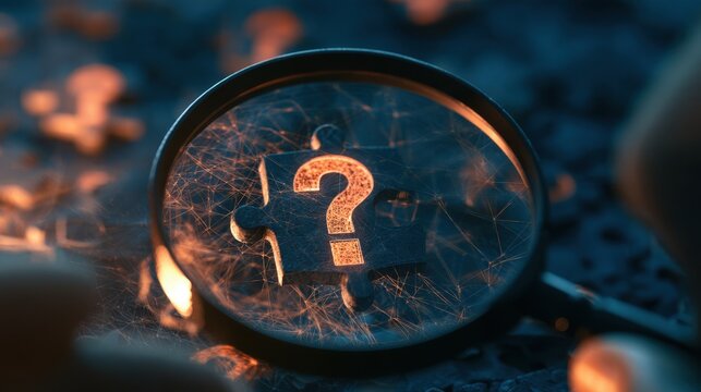 Close up magnifying glass focusing on puzzle piece with question mark symbol in dark moody setting concept for problem solving and mystery