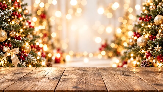 Festive Evergreen Christmas Tabletop Scene with Warm Lights and Wooden Surface