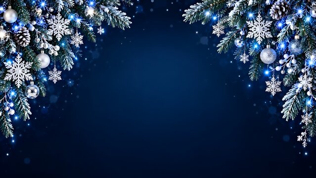 Frosted Evergreen Christmas Frame with Snowflakes and Blue Lights