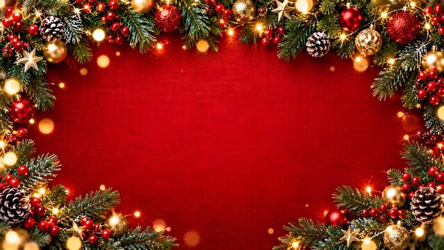 Festive Red Christmas Garland Frame with Golden Lights and Evergreen Decorations