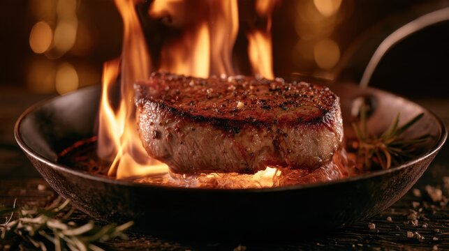 Juicy thick steak being seared in hot pan with flames surrounding meat creating smoky intense cooking moment