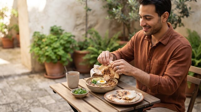 Man enjoying Egyptian ful medames at breakfast