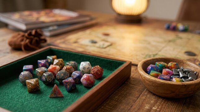 A diverse collection of polyhedral dice arranged on a gaming table, ready for roleplaying adventures.