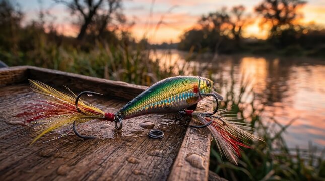 A vibrantly colored fishing lure rests on a weathered wooden surface by a serene river at sunset, ready for angling adventures.