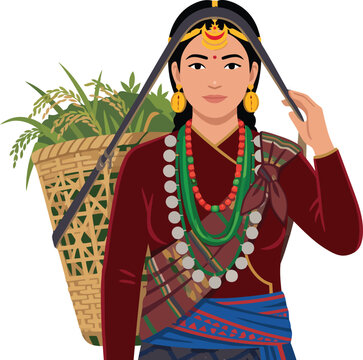 Beautiful young ethnic Nepalese village woman wearing authentic cultural attire and heavy tribal jewelry carrying fresh green agricultural harvest inside a traditional woven basket.