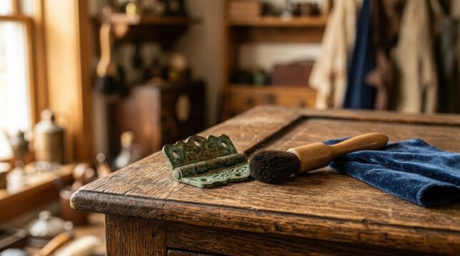An antique ornate brass hinge with a cleaning brush on a weathered wooden table