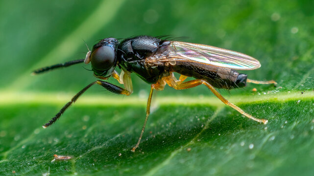 Macro Shot of a Small Black Fly Resting on a Green Leaf.