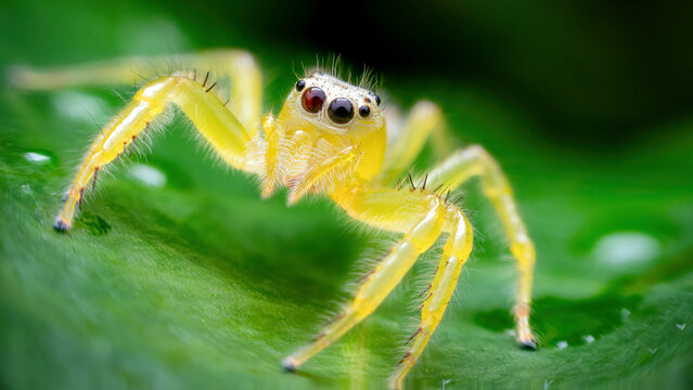 Macro Shot of a Cute Yellow Jumping Spider on a Green Leaf