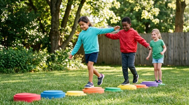 Classmates cross a pretend river at recess